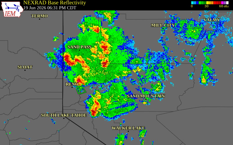 NEXRAD radar during the Friday, June 19, 2026 storm activity in Churchill County, Nevada