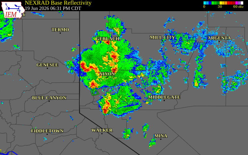 Radar snapshot during the Jun 19, 2026 wind event near 14 WSW Trinity Junction, Churchill County, Nevada, with NWS warning polygons