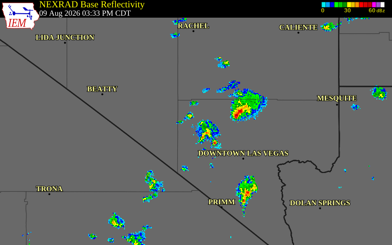 NEXRAD radar during the Sunday, August 9, 2026 storm activity in Clark County, Nevada