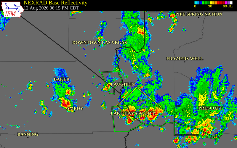 Radar snapshot during the Aug 9, 2026 wind event near 1 WNW Indian Springs, Clark County, Nevada, with NWS warning polygons