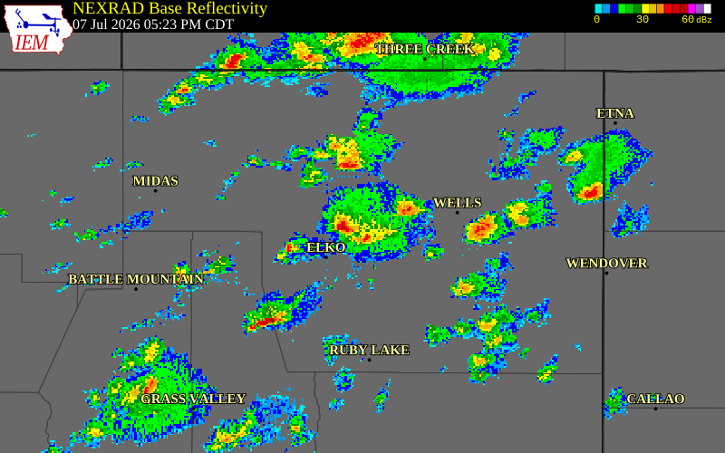 NEXRAD radar during the Tuesday, July 7, 2026 storm activity in Elko County, Nevada