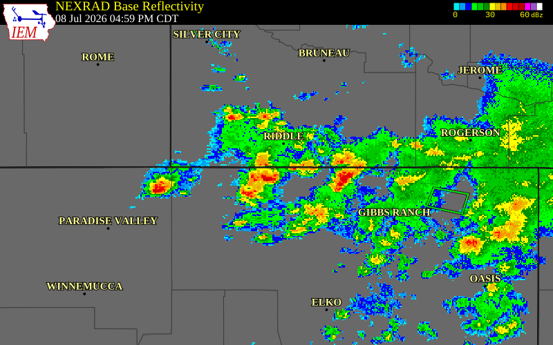 NEXRAD radar during the Wednesday, July 8, 2026 storm activity in Elko County, Nevada