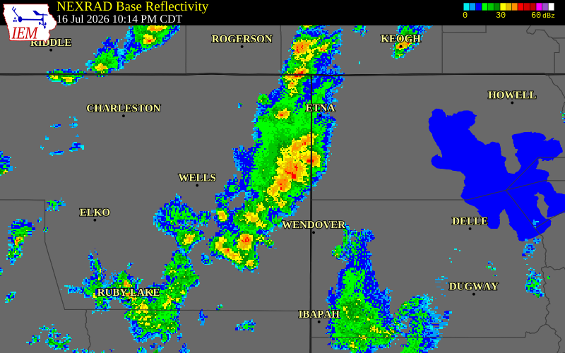 NEXRAD radar during the Thursday, July 16, 2026 storm activity in Elko County, Nevada
