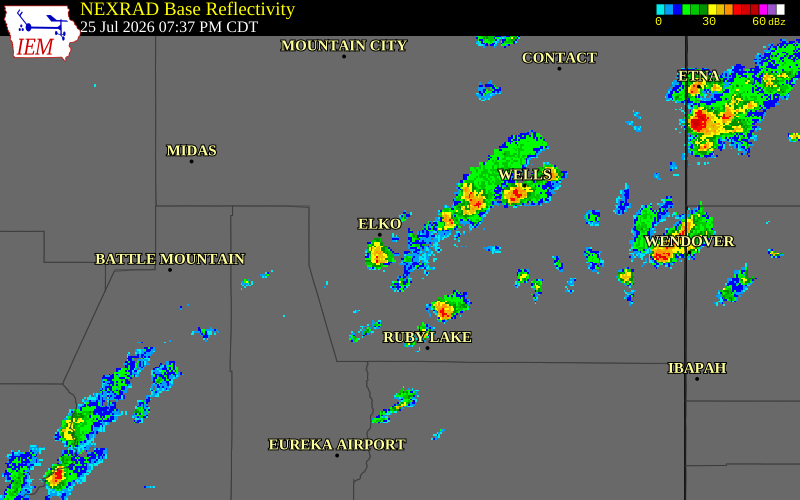 NEXRAD radar during the Saturday, July 25, 2026 storm activity in Elko County, Nevada
