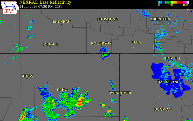 Radar snapshot during the Jul 14, 2026 hail event near 1 NNE Contact, Elko County, Nevada, with NWS warning polygons