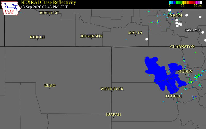 Current NEXRAD radar over Elko County, Nevada with recent storm report locations