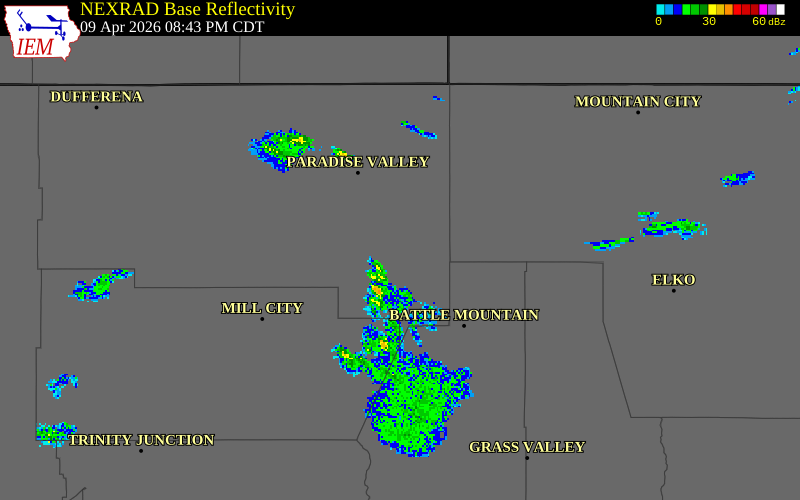 NEXRAD radar during the Thursday, April 9, 2026 storm activity in Humboldt County, Nevada