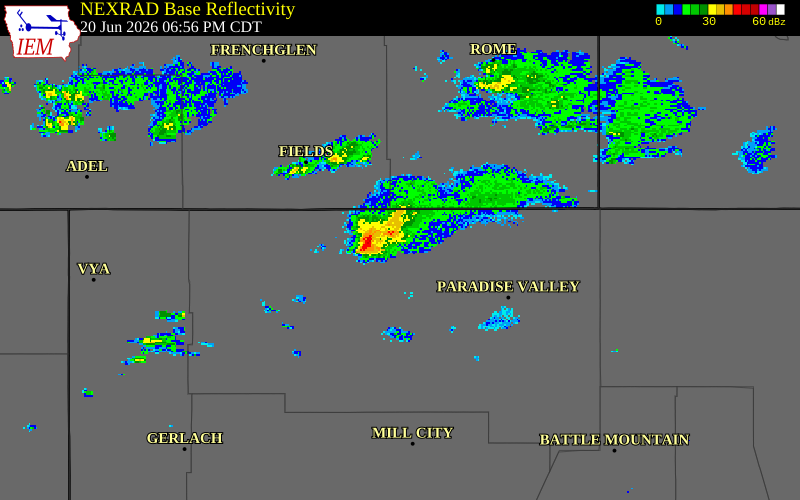 NEXRAD radar during the Saturday, June 20, 2026 storm activity in Humboldt County, Nevada