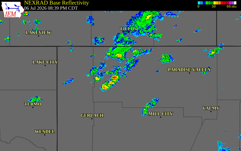 NEXRAD radar during the Monday, July 6, 2026 storm activity in Humboldt County, Nevada