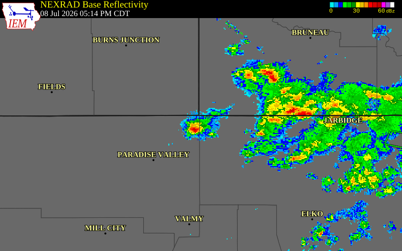 NEXRAD radar during the Wednesday, July 8, 2026 storm activity in Humboldt County, Nevada