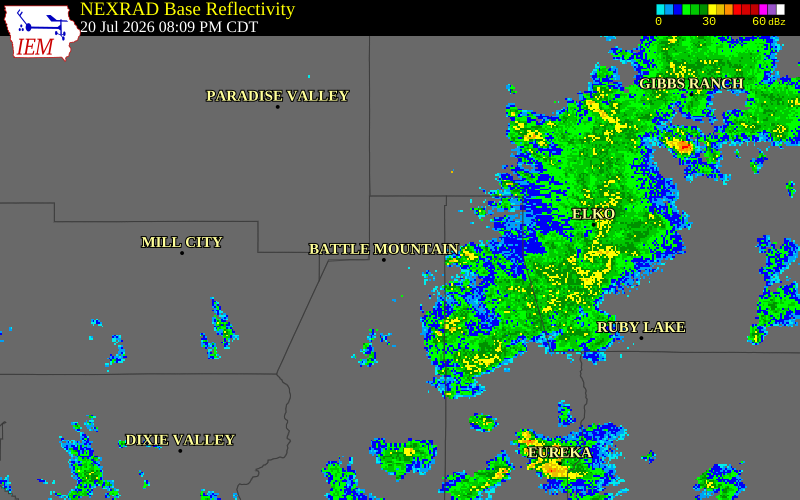 NEXRAD radar during the Monday, July 20, 2026 storm activity in Humboldt County, Nevada