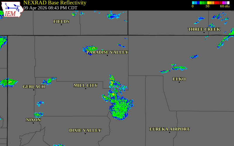 Radar snapshot during the Apr 9, 2026 wind event near 13 NE Golconda, Humboldt County, Nevada, with NWS warning polygons