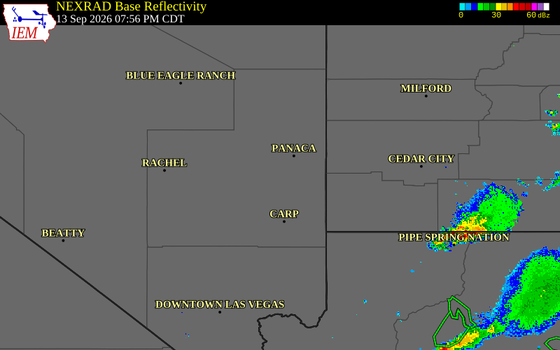Current NEXRAD radar over Lincoln County, Nevada with recent storm report locations