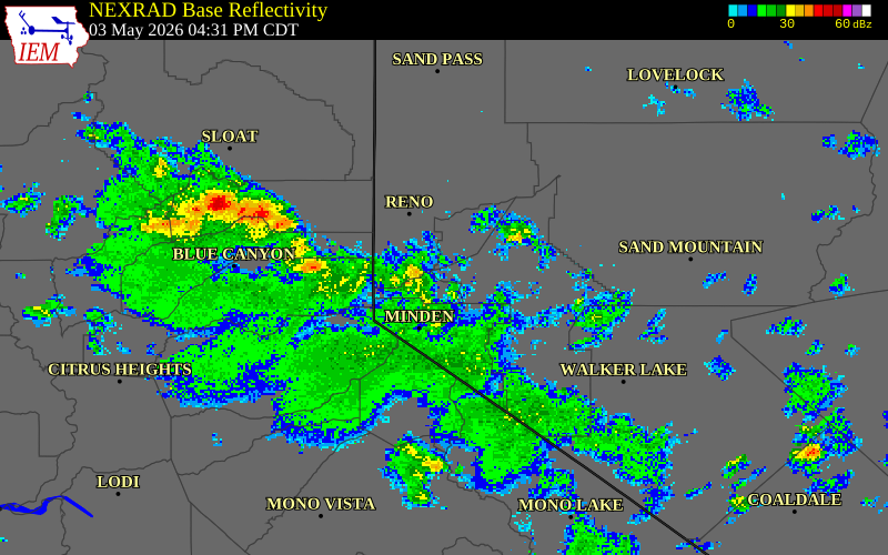 NEXRAD radar during the Sunday, May 3, 2026 storm activity in Lyon County, Nevada