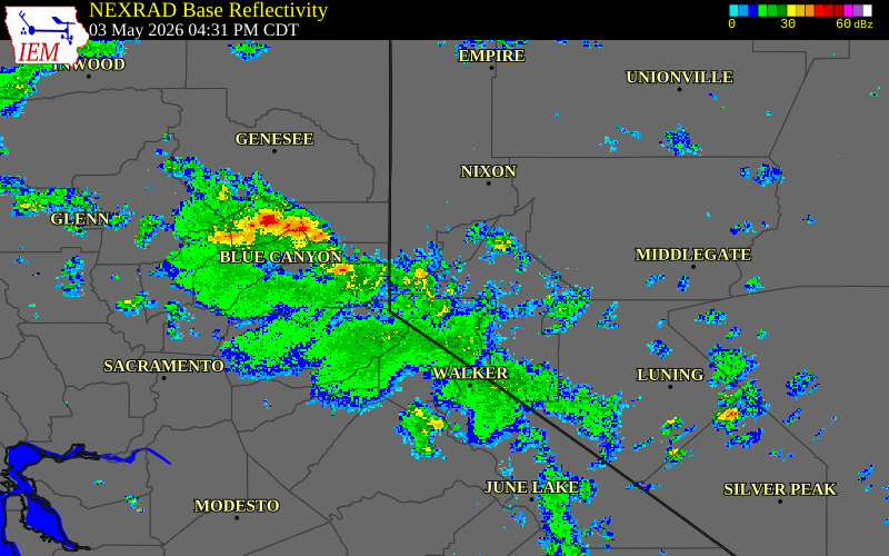 Radar snapshot during the May 3, 2026 wind event near 4 WSW Dayton, Lyon County, Nevada, with NWS warning polygons