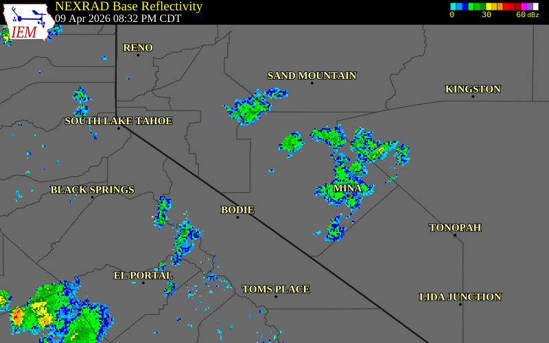 NEXRAD radar during the Thursday, April 9, 2026 storm activity in Mineral County, Nevada