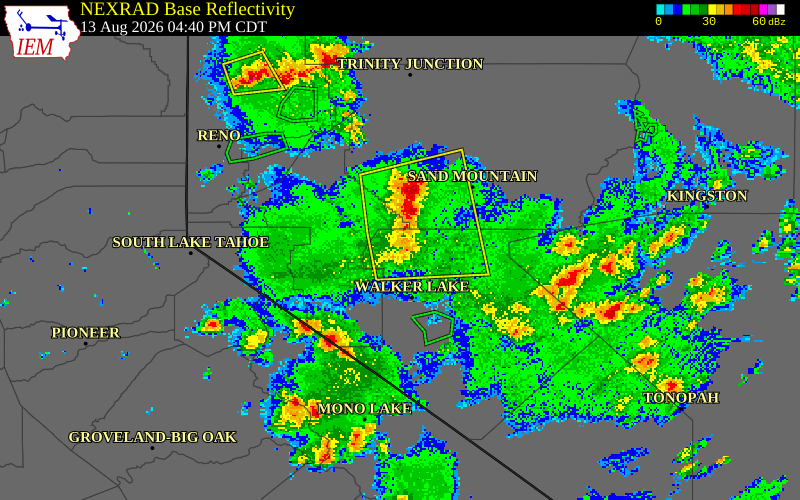 NEXRAD radar during the Thursday, August 13, 2026 storm activity in Mineral County, Nevada