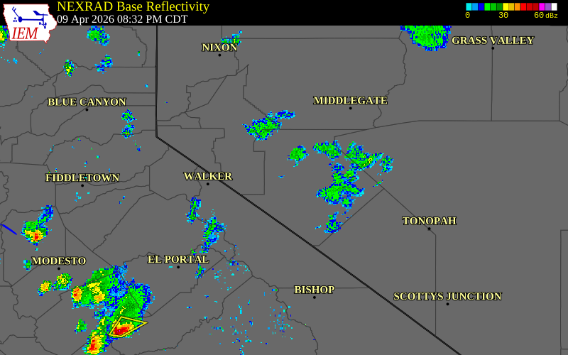 Radar snapshot during the Apr 9, 2026 wind event near 6 NW Hawthorne, Mineral County, Nevada, with NWS warning polygons