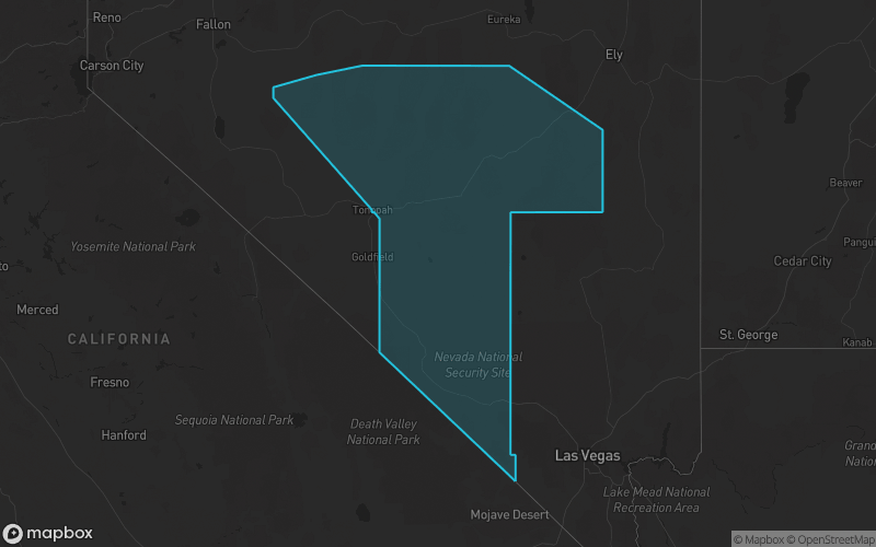 Map of Nye County, Nevada showing the county boundary and surrounding cities