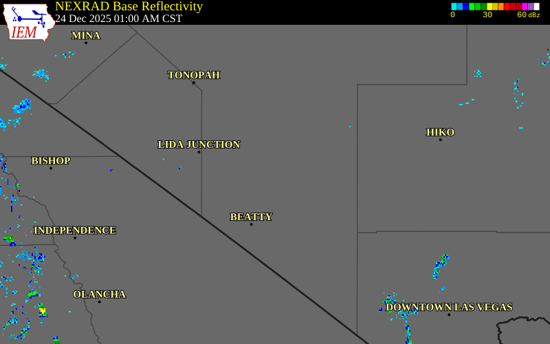NEXRAD radar during the Tuesday, December 23, 2025 storm activity in Nye County, Nevada