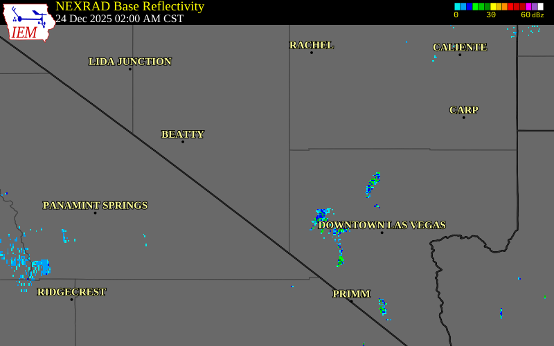 NEXRAD radar during the Wednesday, December 24, 2025 storm activity in Nye County, Nevada