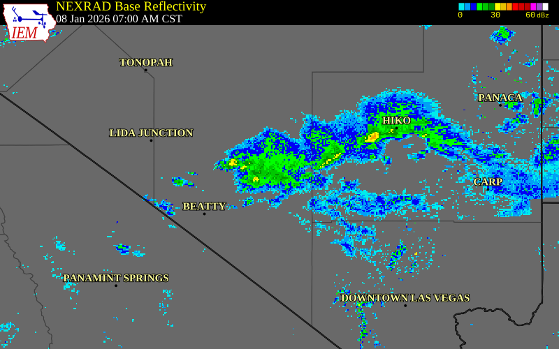 NEXRAD radar during the Thursday, January 8, 2026 storm activity in Nye County, Nevada