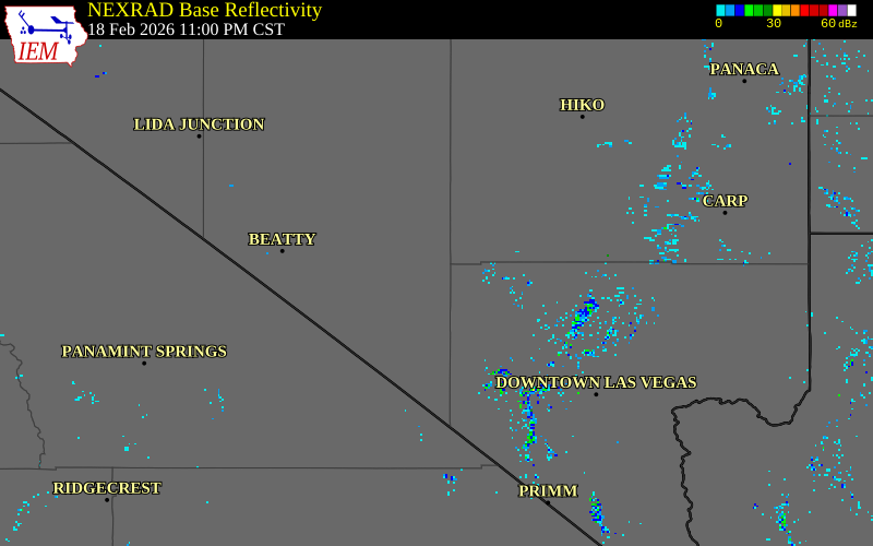 NEXRAD radar during the Wednesday, February 18, 2026 storm activity in Nye County, Nevada