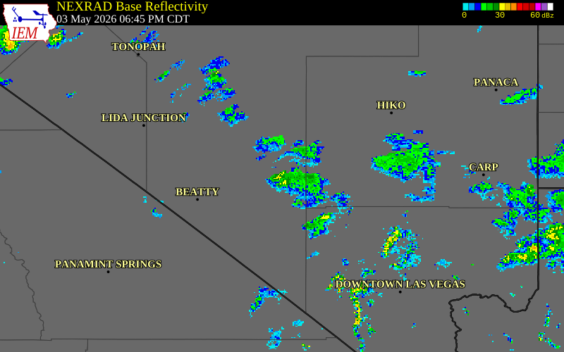 NEXRAD radar during the Sunday, May 3, 2026 storm activity in Nye County, Nevada