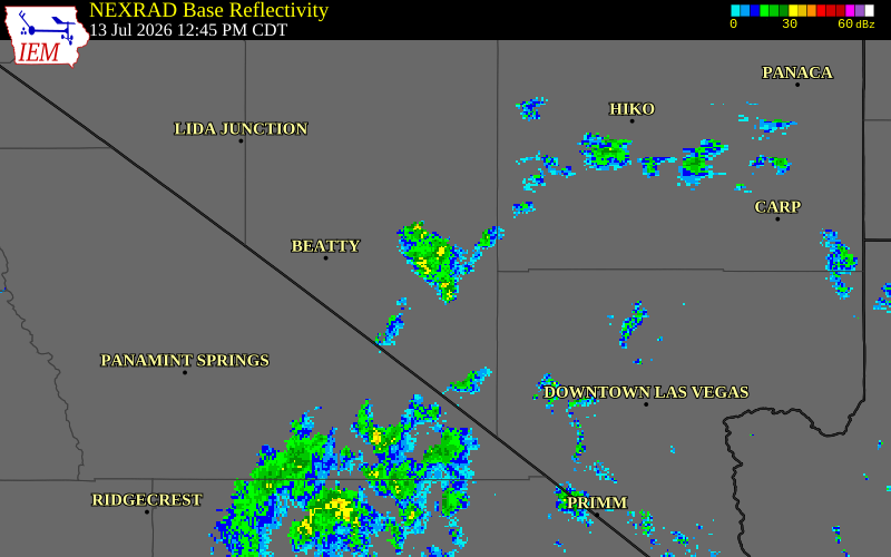 NEXRAD radar during the Monday, July 13, 2026 storm activity in Nye County, Nevada