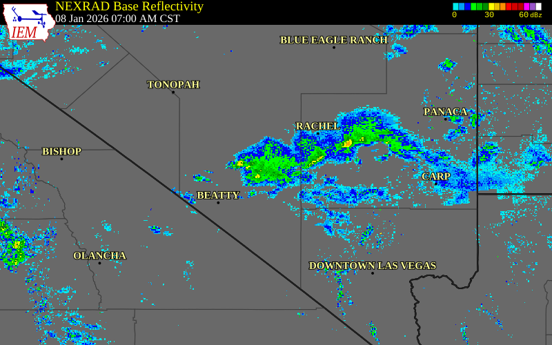 Radar snapshot during the Jan 8, 2026 wind event near 37 SW Rachel, Nye County, Nevada, with NWS warning polygons