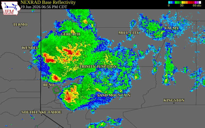 NEXRAD radar during the Friday, June 19, 2026 storm activity in Pershing County, Nevada