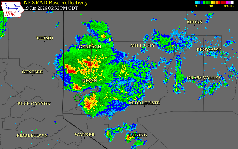 Radar snapshot during the Jun 19, 2026 wind event near 10 NNE Trinity Junction, Pershing County, Nevada, with NWS warning polygons