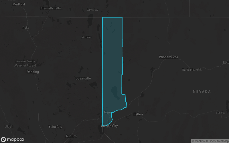 Map of Washoe County, Nevada showing the county boundary and surrounding cities