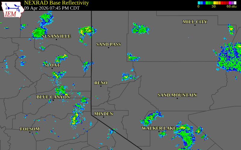 NEXRAD radar during the Thursday, April 9, 2026 storm activity in Washoe County, Nevada