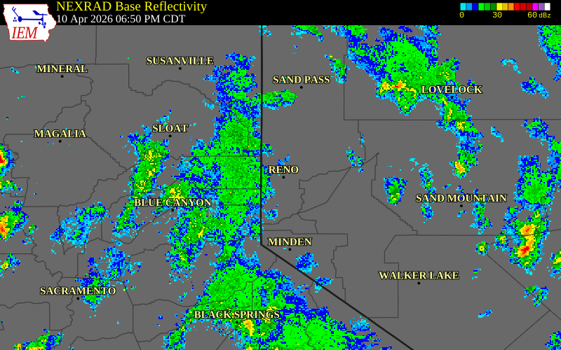 NEXRAD radar during the Friday, April 10, 2026 storm activity in Washoe County, Nevada