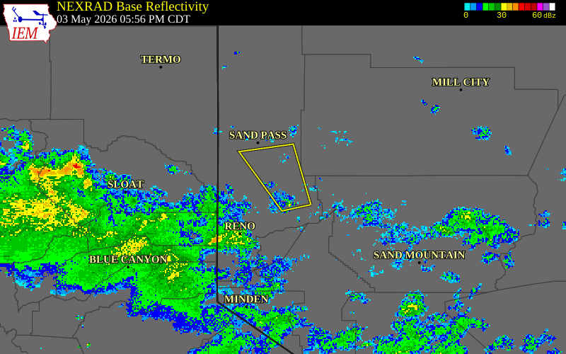 NEXRAD radar during the Sunday, May 3, 2026 storm activity in Washoe County, Nevada