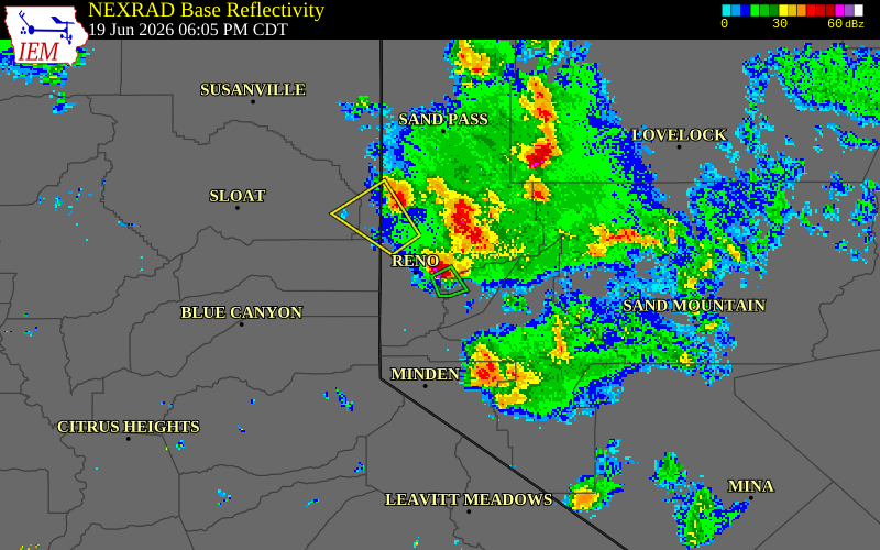 NEXRAD radar during the Friday, June 19, 2026 storm activity in Washoe County, Nevada