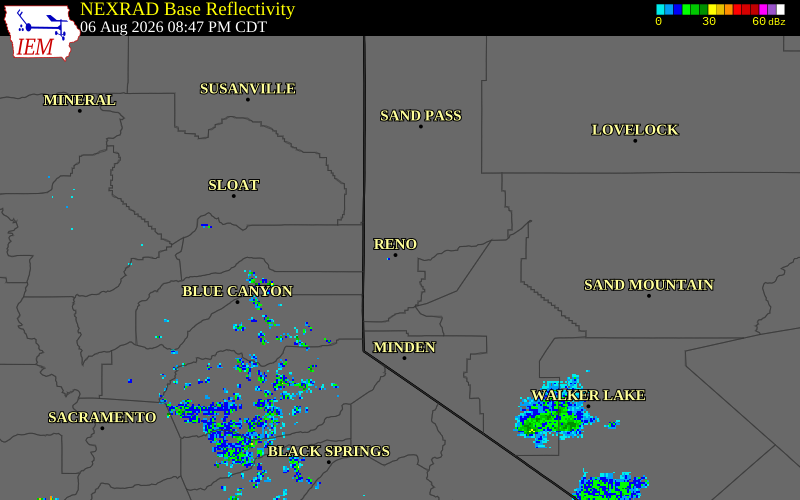NEXRAD radar during the Thursday, August 6, 2026 storm activity in Washoe County, Nevada