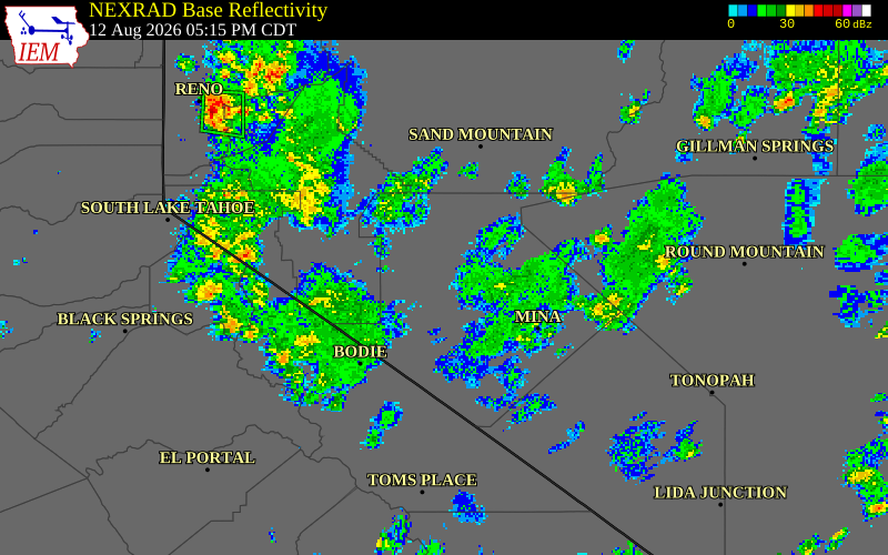 NEXRAD radar during the Wednesday, August 12, 2026 storm activity in Washoe County, Nevada