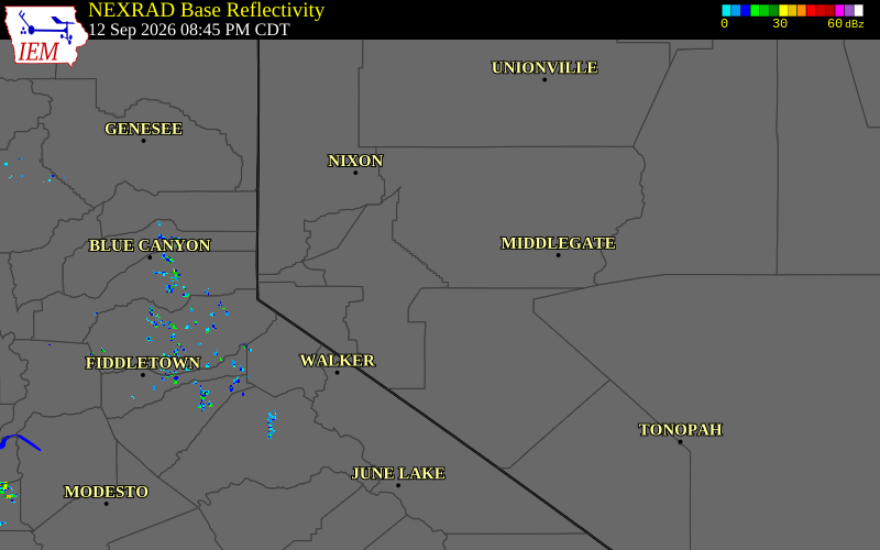 Current NEXRAD radar over Washoe County, Nevada with recent storm report locations