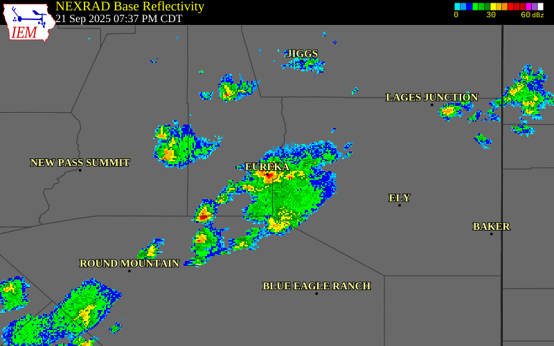 NEXRAD radar during the Sunday, September 21, 2025 storm activity in White Pine County, Nevada
