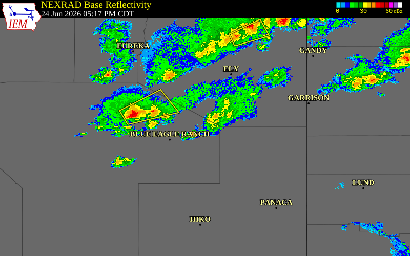 NEXRAD radar during the Wednesday, June 24, 2026 storm activity in White Pine County, Nevada