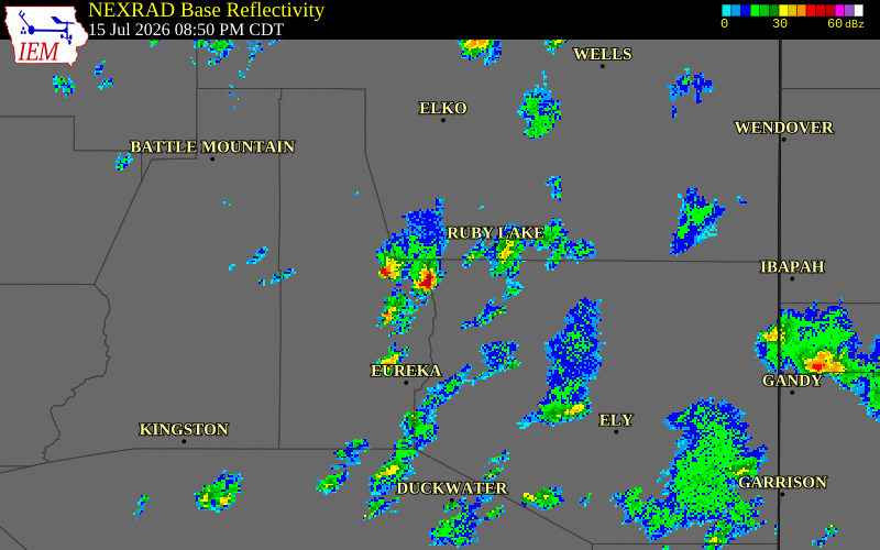 NEXRAD radar during the Wednesday, July 15, 2026 storm activity in White Pine County, Nevada