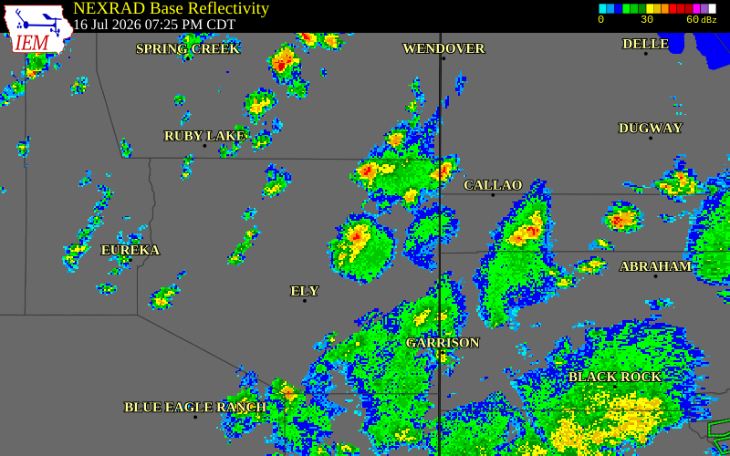 NEXRAD radar during the Thursday, July 16, 2026 storm activity in White Pine County, Nevada