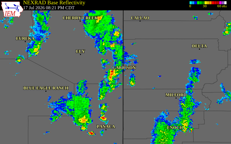 NEXRAD radar during the Friday, July 17, 2026 storm activity in White Pine County, Nevada