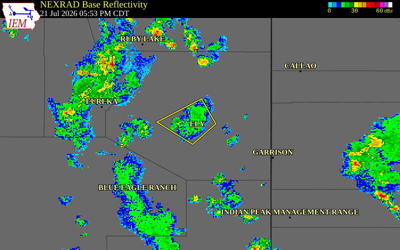 NEXRAD radar during the Tuesday, July 21, 2026 storm activity in White Pine County, Nevada