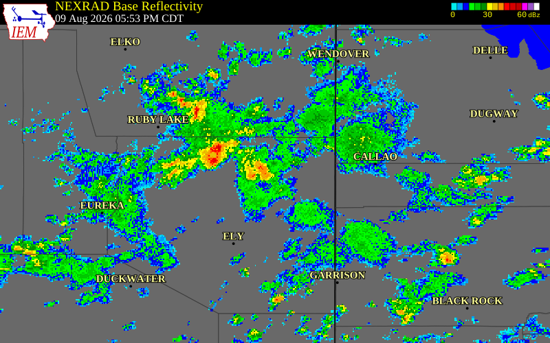 NEXRAD radar during the Sunday, August 9, 2026 storm activity in White Pine County, Nevada