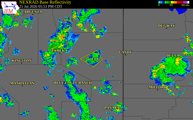 Radar snapshot during the Jul 21, 2026 wind event near Ely Airport, White Pine County, Nevada, with NWS warning polygons