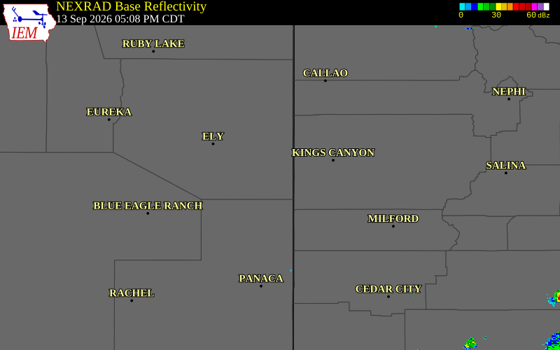 Current NEXRAD radar over White Pine County, Nevada with recent storm report locations