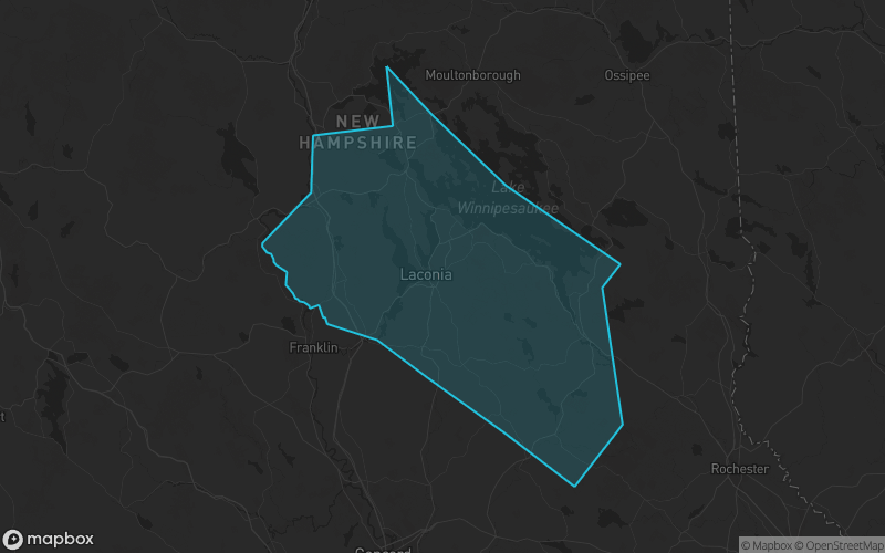 Map of Belknap County, New Hampshire showing the county boundary and surrounding cities